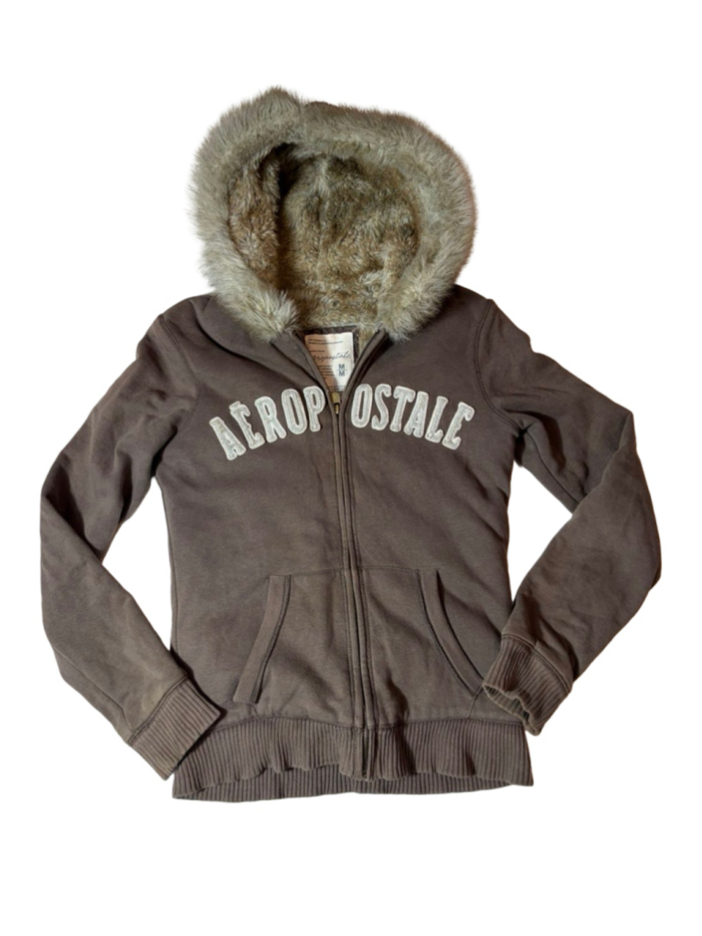 Y2K Aeropostale Hoodie Womens Medium Brown Faux Fur Lined Full Zip Logo